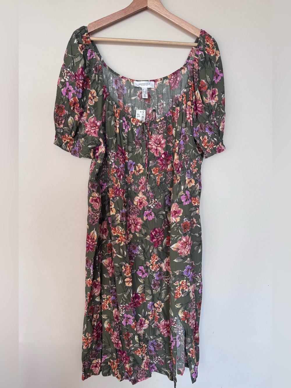 NWT Additional Elle Olive Floral Puff-Sleeve Midi Dress with Smocked Front